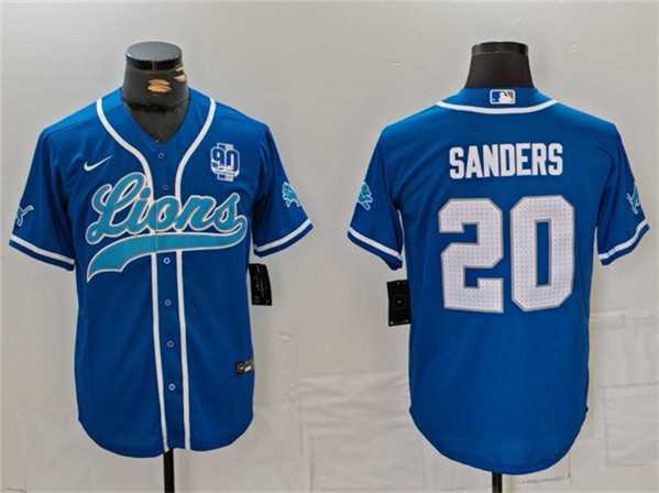 Men%27s Detroit Lions #20 Barry Sanders Blue With 90th Anniversary Patch Cool Base Stitched Baseball Jersey1